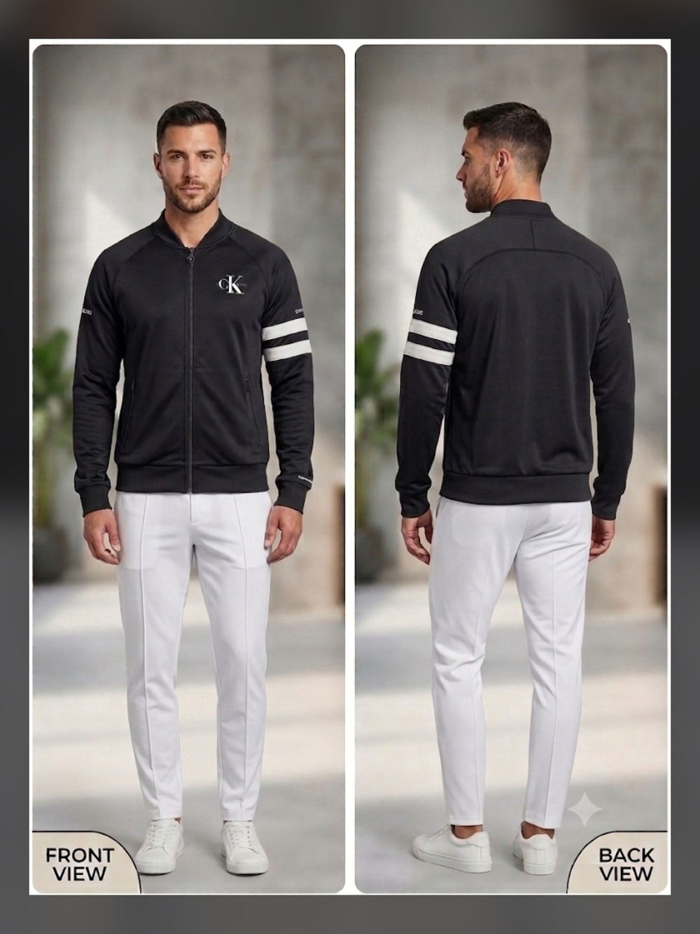 Calvin Klein Mens Black Track Jacket with Full Zip White Logo Stripes